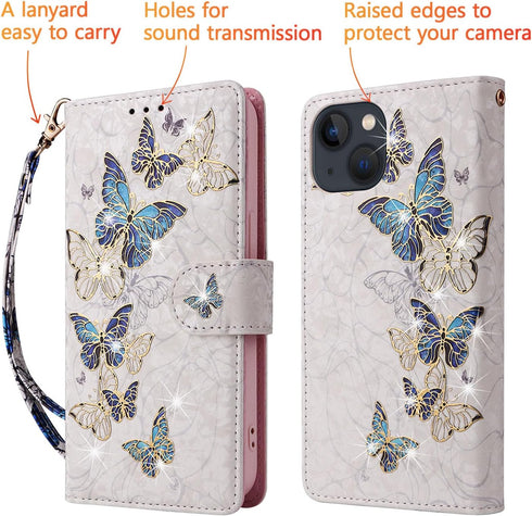 UEEBAI 15, Wallet Case for iPhone PU Leather Phone Cover Kickstand RFID Blocking Flip Case Card Slots Wrist Strap