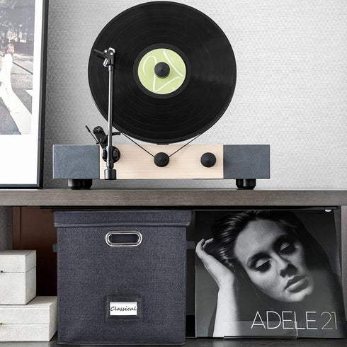 Sturdy Vinyl Record Storage Box - Black Album Storage Holds 50+ Single Records, LP Organizer Crate with Lid