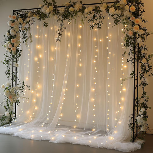 EMHOLDBU 10x8ft (2 White Tulle Backdrop Curtain with Lights String Sheer Drapes for Wedding, Birthday, Baby Shower