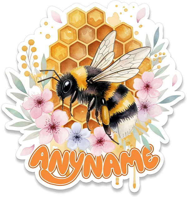 Custom Bee Name Sticker Personalized Text Floral Honeybee Honeycomb Flower Nature Animal