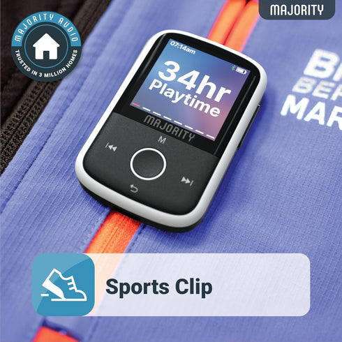 MP3 Player with Bluetooth and Sports Clip, Earbuds Included, Expandable to 128GB, HD Color Screen, 34 Hours Battery