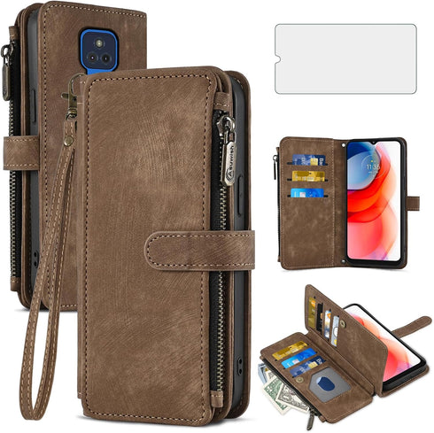 Asuwish Phone Case for Moto G Play 2021, Wallet Cover with Tempered Glass Screen Protector, Leather Flip Credit Card
