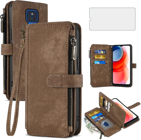 Asuwish Phone Case for Moto G Play 2021, Wallet Cover with Tempered Glass Screen Protector, Leather Flip Credit Card