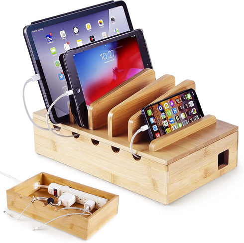Modern Innovations Bamboo Device Organizer Charging Station for Multiple Devices (Natural) - Desk Docking Stand