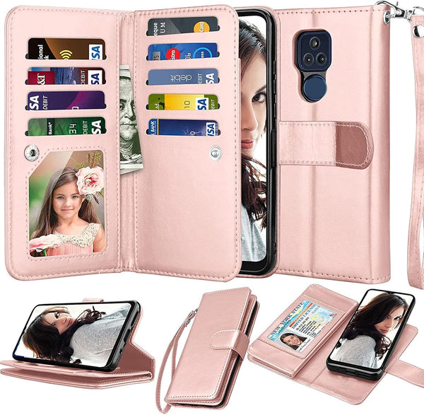 Njjex Wallet Case for Moto G Play 2021, PU Leather Folio Flip with 9 Card Slots, Detachable Kickstand & Lanyard (Rose