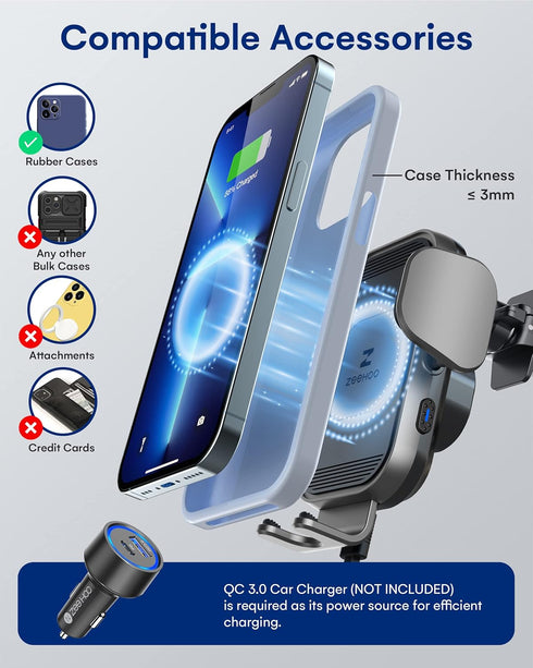 ZEEHOO Wireless Car Charger, 15W Fast Charging Auto Clamping Phone Mount for iPhone 15, 14, 13, 12, 11 Pro Max