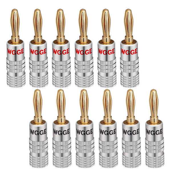 WGGE WG-009 Banana Plugs Audio Jack Connector, 6 Pairs / 12 pcs, 24k Gold Dual Screw Lock Speaker Connector for Speaker