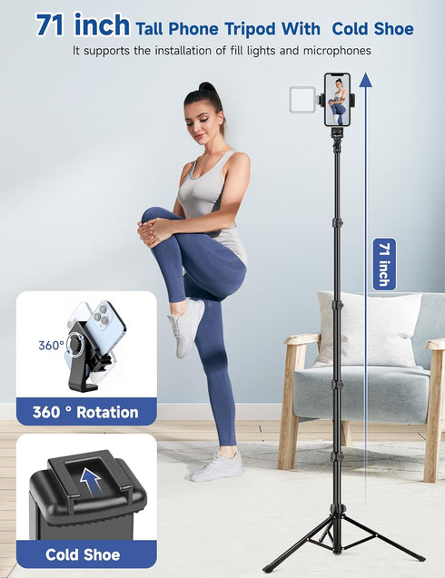 Tripod for iPhone, 71" Tall Phone Tripod with Remote Phone Holder, Selfie Stick Cellphone Tripod, Phone Stand Tripod for Travel Selfies Video Recording Vlog, Compatible with iPhone/Android/Gopro