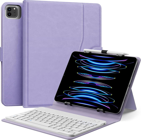 MoKo Universal Tablet Case with Keyboard for 9"-11" Tablets, Removable Wireless Bluetooth Keyboard & Pen Holder, Lilac