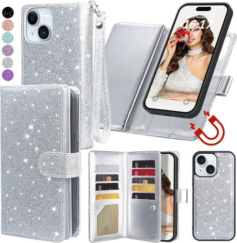 Varikke iPhone 13 Wallet Case, Detachable Card Holder for Women Girls, Glitter PU Leather Flip Cover