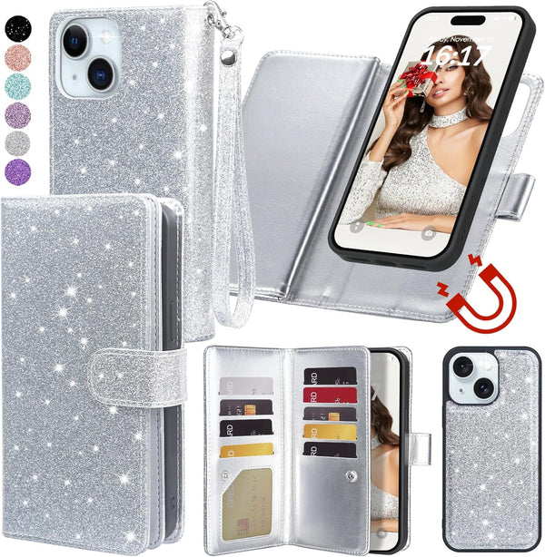 Varikke iPhone 13 Wallet Case, Detachable Card Holder for Women Girls, Glitter PU Leather Flip Cover