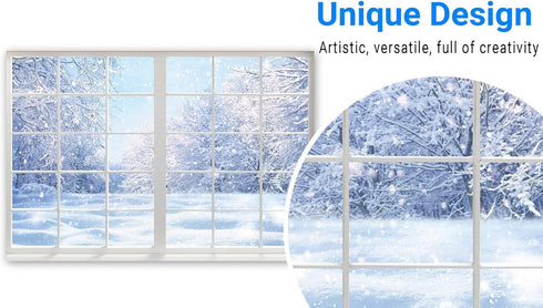 Funnytree Winter Landscape Window Photography Backdrop Christmas Snow Trees Scenery Background Baby Kids Party Decorations Portrait Cake Table Banner Photo Studio Props 7x5ft