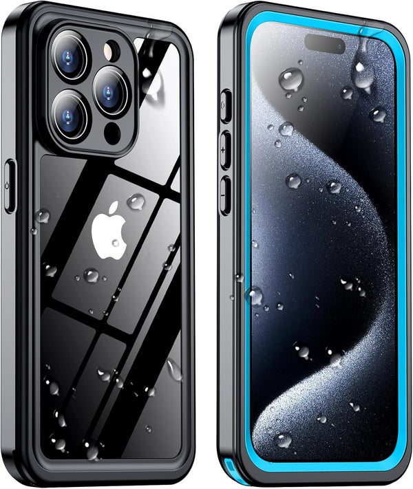 Temdan Waterproof Case for iPhone 15 Pro, IP68 Underwater, 15FT Military Dropproof, Full Body Shockproof, Blue/Clear