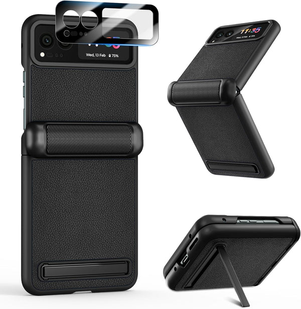 VEGO Black Case for Motorola Razr 2023 - Shockproof, Full Body, Hinge Protection, Built-in Screen Protector & Kickstand.