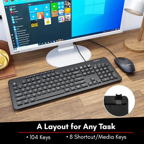 Wired Keyboard and Mouse Combo, Macally Slim Full Sized Ergonomic USB for Laptop and Desktop