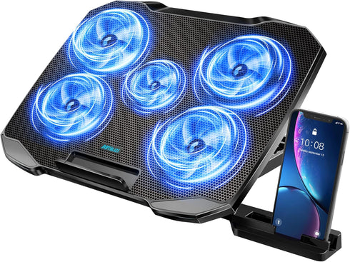 Laptop Cooling Pad Stand with 5 Quiet Fans, Adjustable Angles for 12-15.6 Inch Notebooks (Black)