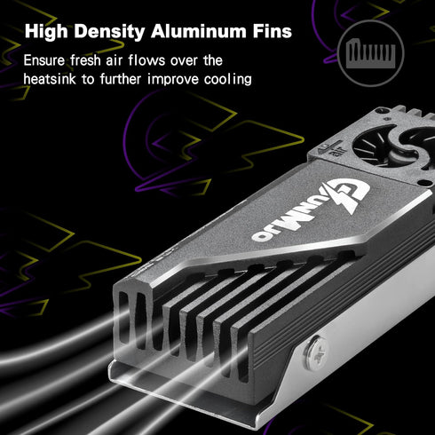 GUNMJO M.2 2280 SSD Heatsink, 20mm Built-in Cooling Fan, Aluminum Plate-Fin Design with Thermal Pad for Gaming PC