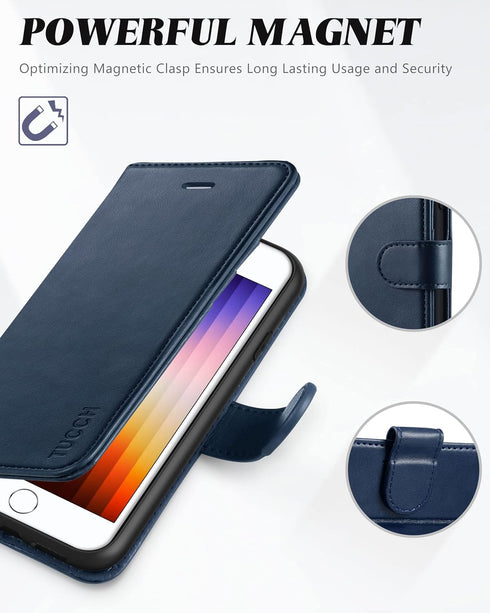 TUCCH Wallet Case for iPhone SE 2022/SE2, iPhone 8/7, PU Leather Credit Card Holder, Dark Blue