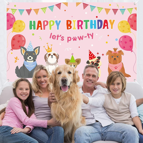 Dog Girl Party Decorations, Pink Puppy Dog Themed Birthday Supplies, Lets Party Banner Backdrop for Kids Photography