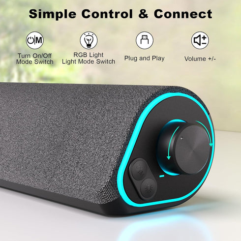 SOULION R50 Bluetooth Computer Speakers, 3.5mm PC Sound Bar, Wired USB Powered with Colorful LED Lights, Surround Sound