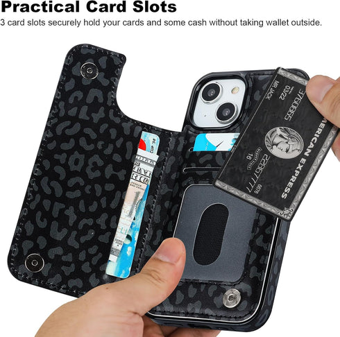 HAOPINSH Wallet Case for iPhone 13/14 with Card Holder, Black Leopard Cheetah Pattern Back Flip Case PU Leather