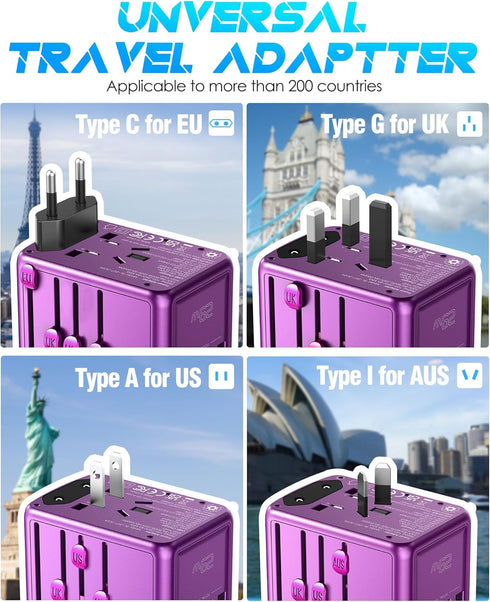 Universal Travel Adapter with 5.8A 3X 3.0A USB-C Ports, 2X 2.4A USB-A Ports, Multi AC Outlet for Worldwide Travel