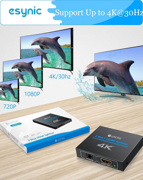 eSynic 4K/30HZ HDMI Splitter, 2 Way HDMI Splitter 1 in 2 Out for HDTV, PS4, Blu-ray Player