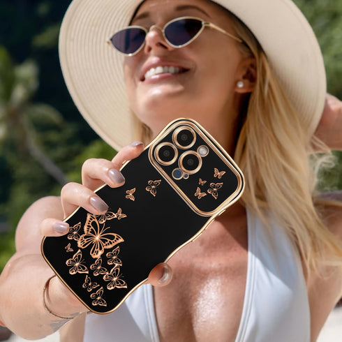 ZTOFERA Cute Curly Wave Frame Case for iPhone 13 Pro Max, Luxury Plating Butterfly Pattern, Soft TPU Shockproof (Black)