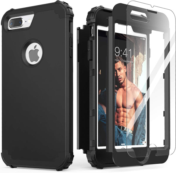 IDweel for iPhone 8 Plus Case, 3 in 1 Shockproof Slim Hybrid Heavy Duty Hard PC Cover with Tempered Glass Protector,