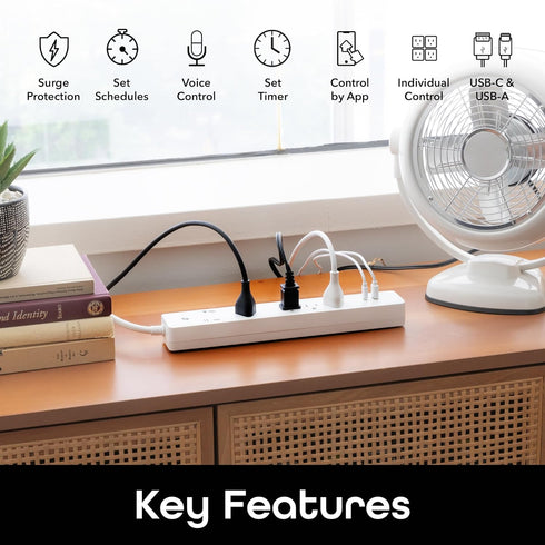 Geeni Smart Multi Outlet Plug, 4 Outlet Wall Plug Plus 2 USB Ports, Surge Protector with 6 Ft Cord, WiFi Control, Alexa