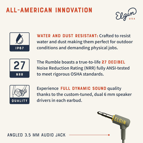 Elgin Rumble Wired Earplug Headphones, In-Ear Earbuds with Mic, 3.5mm Jack, IP67 Waterproof, Noise Isolating
