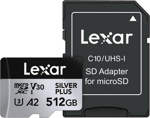 Lexar 512GB Professional Silver Plus microSDXC Memory Card w/SD Adapter, UHS-I, C10, U3, V30, Full-HD & 4K Video