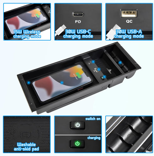 Wireless Charger for F150 2009-2023, Fast Charging Center Console Organizer Box with USB-A USB-C Port for Ford F150