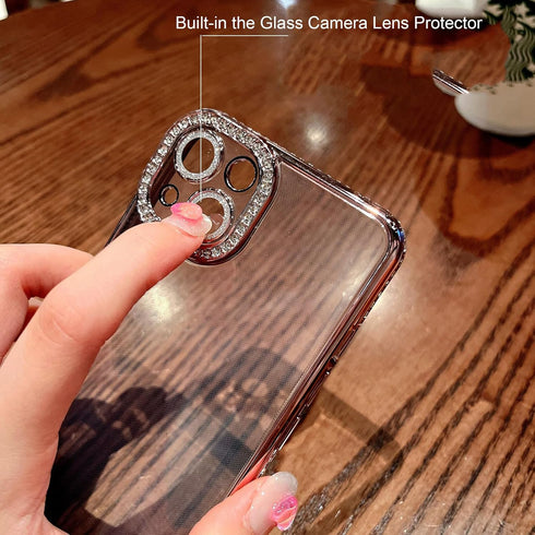 Luxury Pink Clear Glitter Case for iPhone 15 Plus 6.7", Bling Diamond Rhinestone, Soft TPU Bumper, Camera Protector.