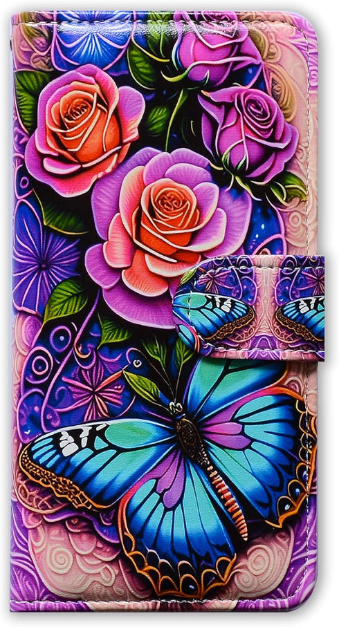 Bcov Galaxy S10e Case, Blue Butterfly Flowers Rose Leather Flip Wallet Cover with Card Slot & Kickstand