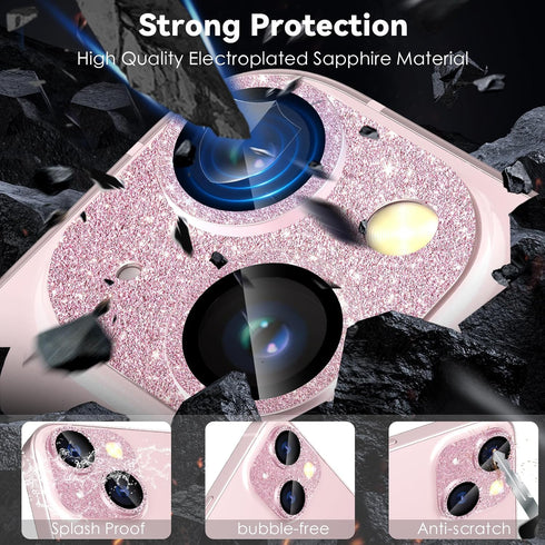 CloudValley HD Tempered Metal Matte Glass Camera Lens Protector for iPhone 15/15 Plus, Glitter Pink, Case Friendly.