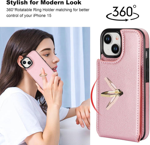 Folosu 15 360Rotation 6.1 Inch Compatible with iPhone Case Wallet with Card Holder, Finger Ring Holder Kickstand, RFID