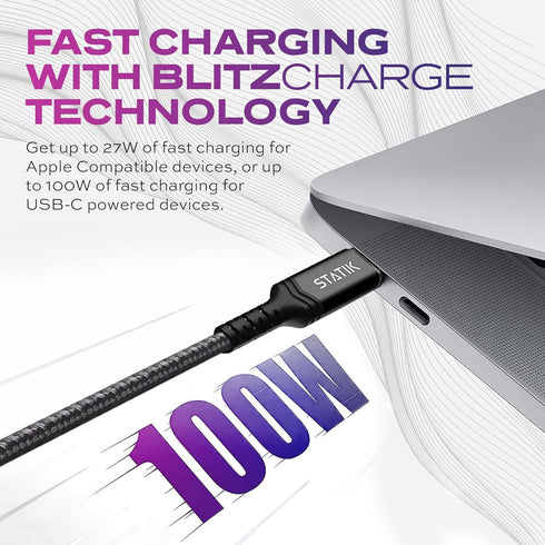 STATIK Durabraid 100W USB C Charger Cable, Type C Fast Charging Cable with Rapid Data Transfer, iPhone 15 Charger Cord,