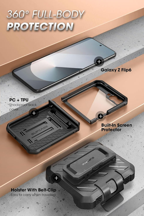 SUPCASE Samsung Galaxy Z Flip 6 Case - Black, with Stand & Belt-Clip, Hinge Protection, Full Body Rugged