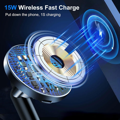 Mag-Safe Car Mount Charger, 15W Wireless Phone Charger with Dual Port PD&QC3.0 Fast Charging for iPhone 15 Pro Plus