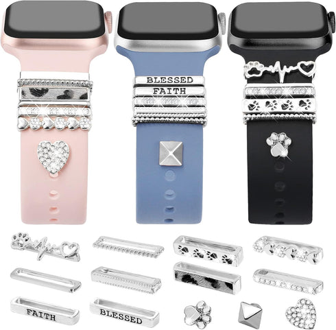 JR.DM 13 Pieces Silver Watch Band Charms - Decorative Rings Loops & Classic Clasp for Apple Watch Accessories
