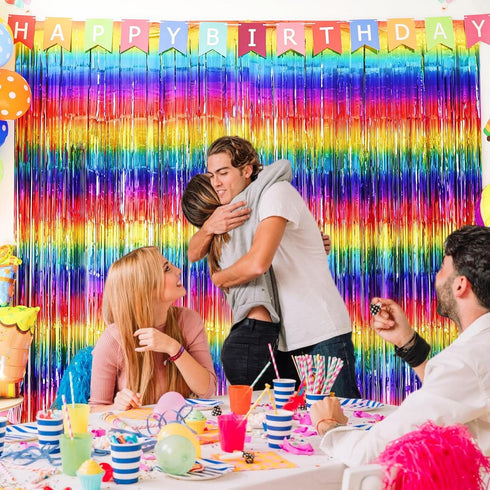 Sparkly Rainbow Foil Fringe Curtain, Metallic Streamers Tinsel Party Backdrop Decorations - 2 Packs