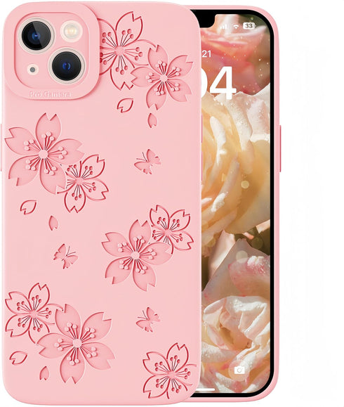 Compatible with iPhone 13 Case - Cute Butterfly Flowers Engraved Soft Silicone Phone Case for Women Girl (Pink)