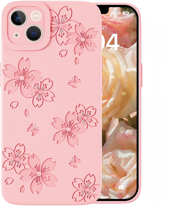 Compatible with iPhone 13 Case - Cute Butterfly Flowers Engraved Soft Silicone Phone Case for Women Girl (Pink)