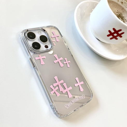 Fits iPhone 15 Pro Max Bless Cross Phone Case, Shockproof Protective Mirror Case for iPhone 14 (Pink, 13/14)