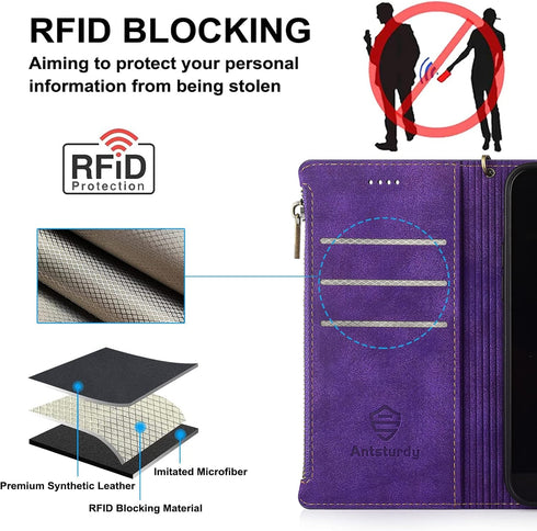 Antsturdy Galaxy S24 Wallet Case, RFID Blocking PU Leather Flip Cover with Card Holder, Zipper Slots, Purple for Men