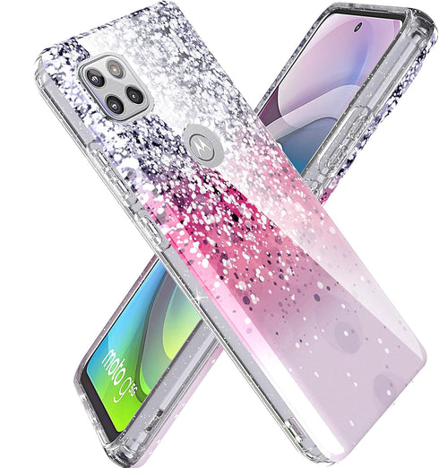 BAISRKE Moto G 5G Case, Motorola One 5G Ace Glitter Sparkle Shockproof Clear Hard Back Cover - Pink