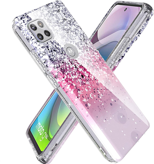 BAISRKE Moto G 5G Case, Motorola One 5G Ace Glitter Sparkle Shockproof Clear Hard Back Cover - Pink