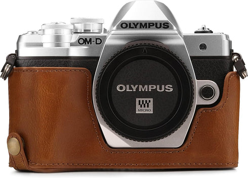 MegaGear MG1352 Olympus OM-D E-M10 Mark III Leather Camera Half Case and Strap, Light Brown