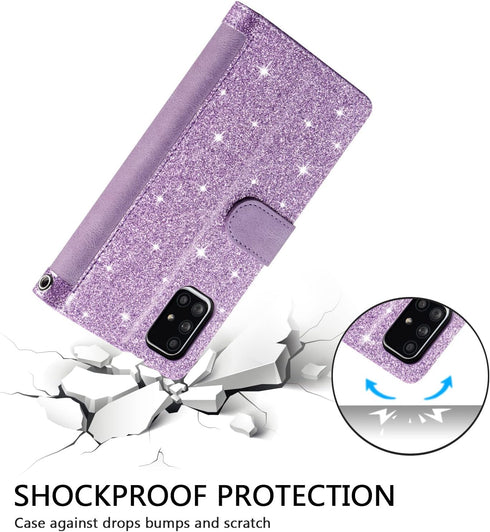EYZUTAK Purple Wallet Phone Case for Samsung Galaxy A51(4G), Retro Matte with 9 Card Holder Slots, Zipper Pocket, PU